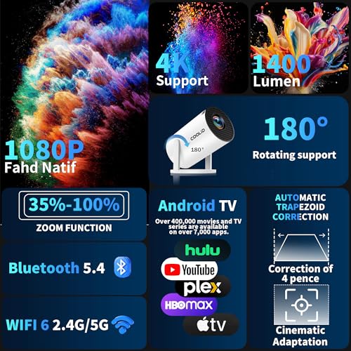 [Built-in Apps & 2026 Upgraded] Mini Projector Support 4K 1080P Auto Keystone 180° Rotatable with WiFi 6 and Bluetooth 5.4, Projector Portable Compatibile with HDMI/TV Stick/Memory Stick/Laptop-White