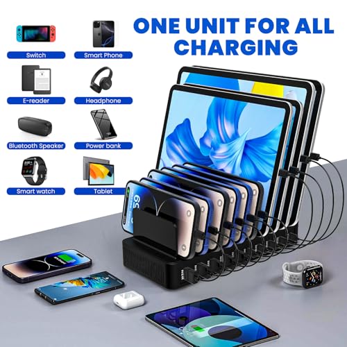 Charging Station for Multiple Devices, 100W 10 Ports Charging Dock with 10 Cables Smart IC Tech and Adjustable Dividers Type-C，Multi USB Charger for iPhone Galaxy iPad Tablet，Black