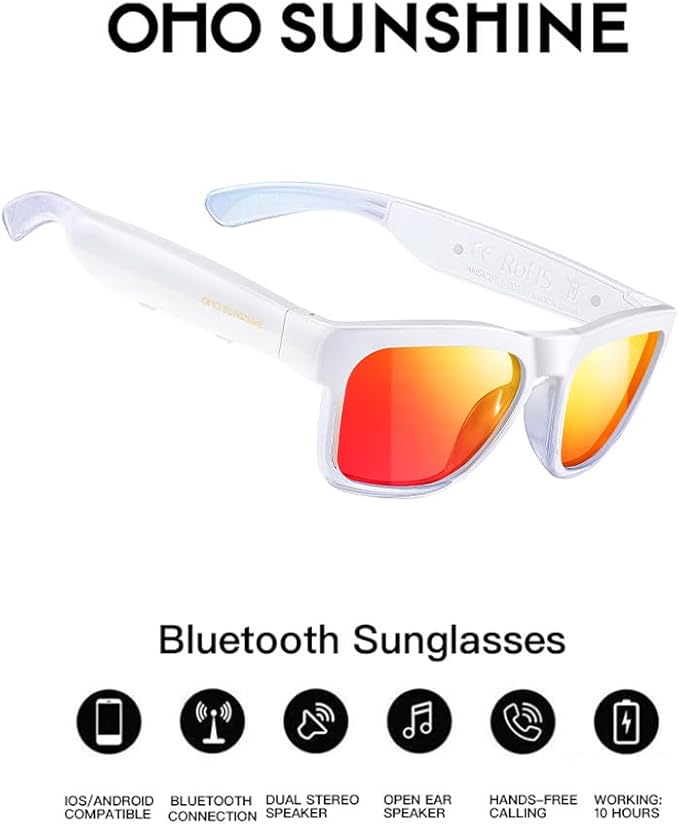 OhO sunshine Bluetooth Glasses: Voice Control and Open Ear Style Smart Glasses to Listen Music & Calls, UV400 Protection Lens