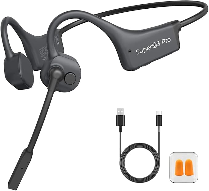 Bone Conduction Bluetooth Headphones with ENC Boom Mic Wireless Computer Headsets with Mic Noise Canceling Open Ear 8H Playtime Multi-Device Pairing for Sports Work Driving Study