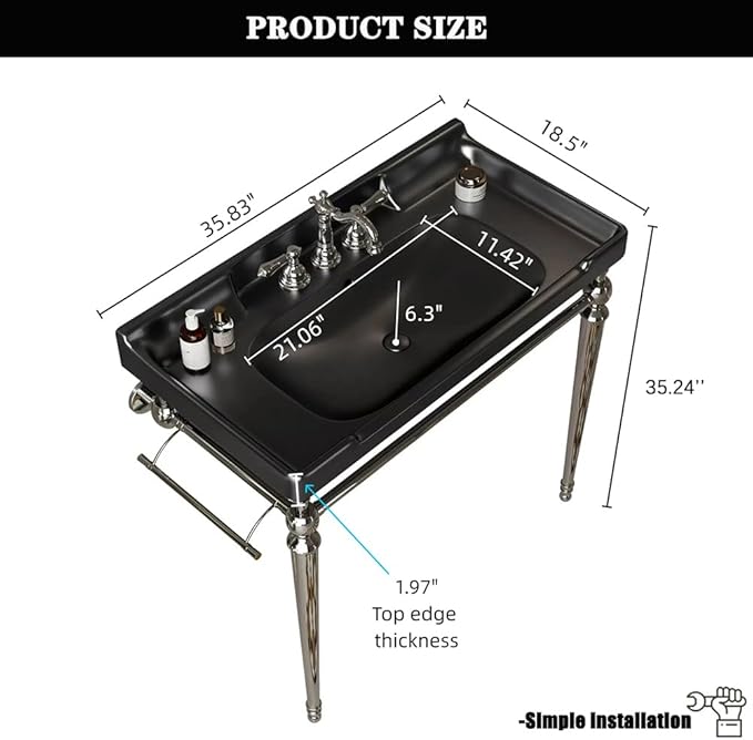 36" Bathroom Console Sink, Wall-Mounted Black Ceramic Vanity Basin with 3 Pre-drilled Faucet Holes, Freestanding Chrome Stainless Steel Support Legs with Towel Bar, No Faucet - Rome, Black