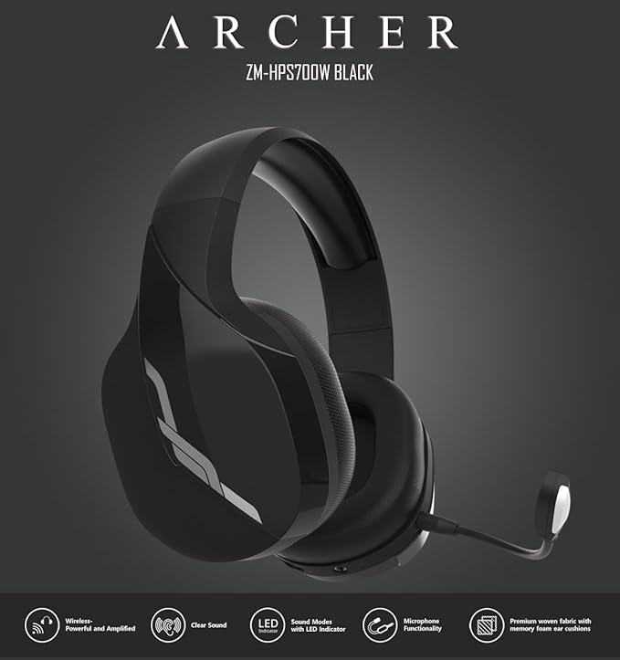 Zalman HPS700 Archer, Wireless Headset with Gaming, Music, Live Sound Modes, LED Indicator, Detachable Microphone, USB-C to A Charging Cable, Premium Woven Fabric Memory Foam Ear Cushions (Black)