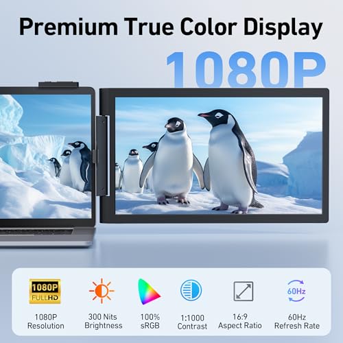 Laptop Screen Extender, 14’’ FHD 1080P Triple Portable Monitor for Laptop with Ultra-Slim IPS Display, USB-C Plug and Play Multi Screen Attachment for 14"-15.6" Laptops
