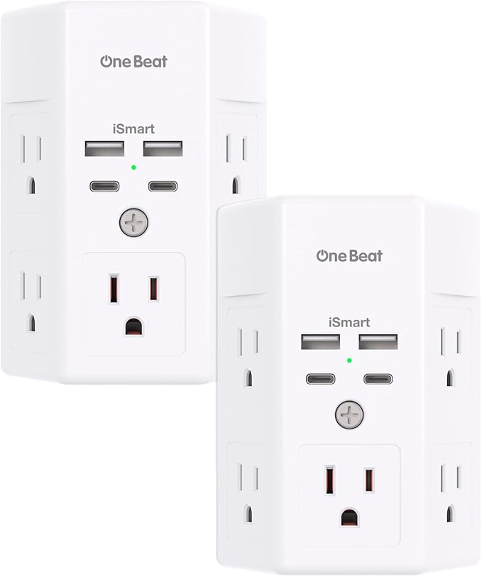 2 Pack Multi Plug Outlet, Surge Protector, 5 Outlet Extender with 4 USB Charging Ports (2 USB C), USB Wall Charger, 3-Sided 1800J Power Strip Outlets Splitter Wall Plug Adapter Spaced for Home Office