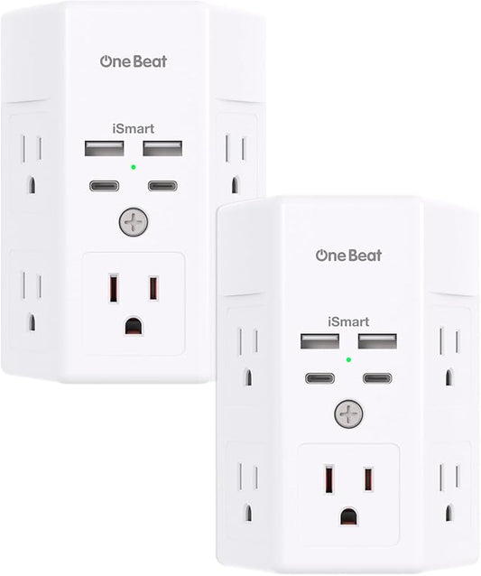 2 Pack Multi Plug Outlet, Surge Protector, 5 Outlet Extender with 4 USB Charging Ports (2 USB C), USB Wall Charger, 3-Sided 1800J Power Strip Outlets Splitter Wall Plug Adapter Spaced for Home Office