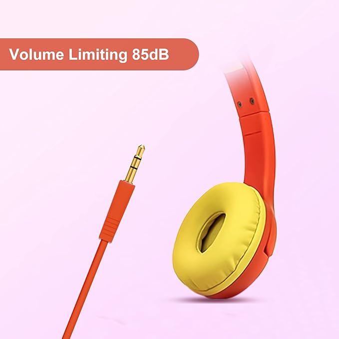 Olyre Kids Headphones, Safe 85db Volume Control Light Up Cat Ear Headphones with Sharing Port for Classroom/Travel/Homeschool, Sparkling Birthday Gifts for Girls & Boys - Orange