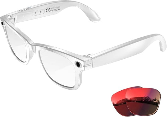AI Smart Glasses with 8MP Camera, 4K Video & HD Photo, Bluetooth Audio, AI Voice Assistant, Real-Time Translation, Object Recognition, Noise-Cancel Calls, Music,Photochromic +2 Red Lenses