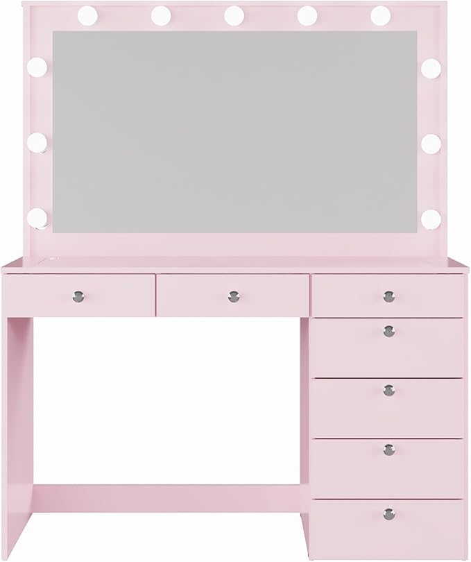 Boahaus Serena Modern Pink Makeup Vanity Desk with Mirror Lights, Power Outlet with USB Ports, Glass Top, Jewelry Divider, 7 Drawers, and Crystal Knobs for Bedroom