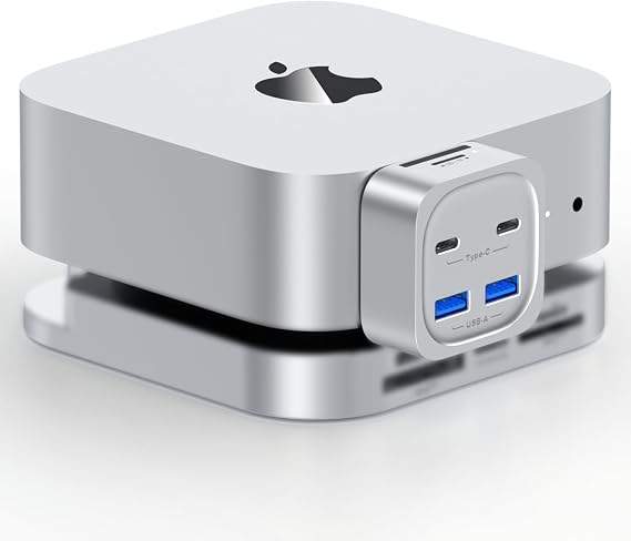 Mac mini M4 Hub, 6-in-1 Front-Access Docking Station, Mac mini M4 Accessories with 4× USB3.2 10Gbps (USB-C & USB-A), SD/TF 3.0 Card Reader, Space-Saving Splitter for Creators & Professionals