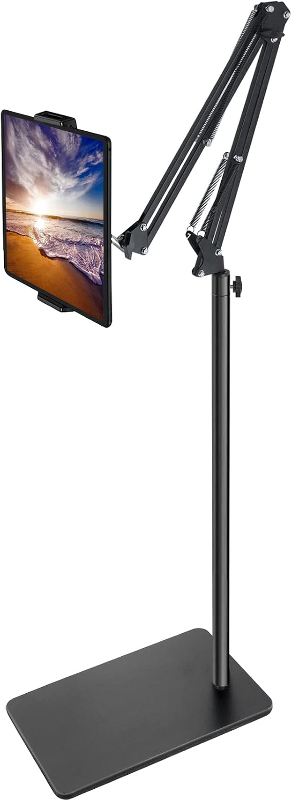 BluuSuuk Tablet Floor Stand with Double Weight Base, Overhead Bed Phone Mount Height Adjustable Arm Stretchable Stand Holder, Compatible with iPad Mini Air Pro, Galaxy Tab, Kindle, Switch, Cell Phones