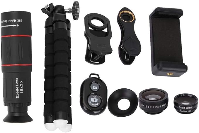 Phone Camera Lens Kit,4 in 1 Cell Phone Camera Lenses Kit - 18X Telescopic Lens + 198° Fisheye Lens + 0.36 Super Wide Angle Lens 15X Macro Lens