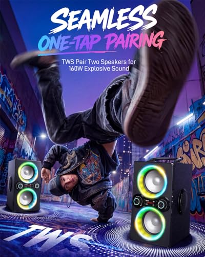TPyesss Party Loud Bluetooth Speaker: 80W Peak Powerful Bass, Long Playtime, Vibrant Lights, Portable Wireless Speakers with TWS Pairing, Large Subwoofer for Outdoor, Garage & Home