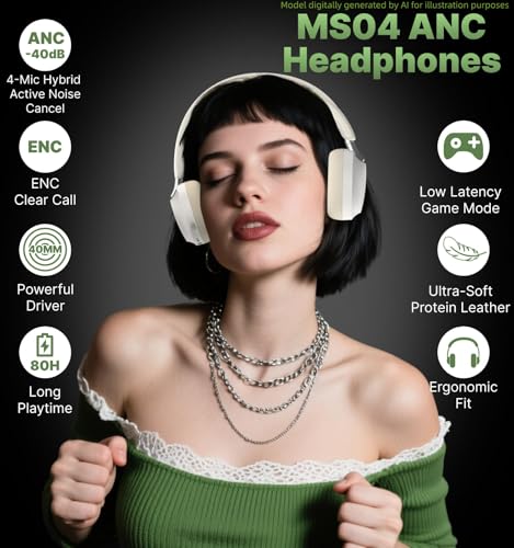 Hmusic MS04 Bluetooth Headphones Active Noise Cancelling Over Ear Headphone
