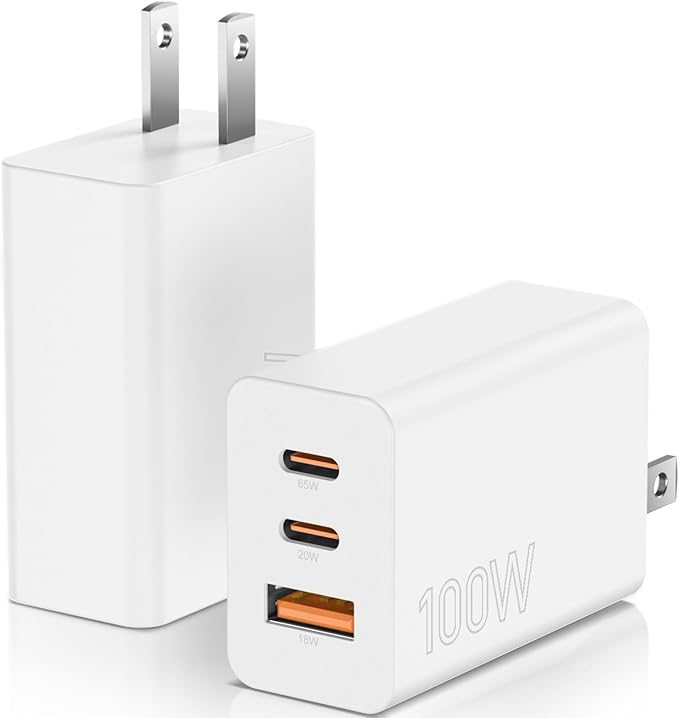 2Pack 100W USB C Charger Block, 3Port Fast Charging Adapter, Type C Fast Charging Blocks Cube PD USBC Wall Plug+QC3.0 USB A Charger Brick for MacBook Pro/Air,iPad,iPhone 17/16,Samsung S25 &More-White