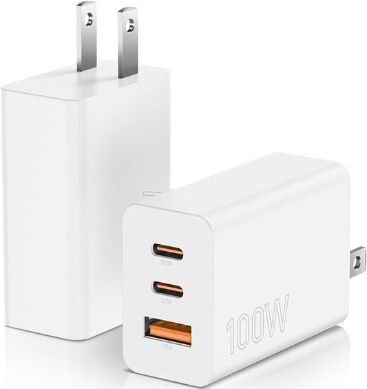 2Pack 100W USB C Charger Block, 3Port Fast Charging Adapter, Type C Fast Charging Blocks Cube PD USBC Wall Plug+QC3.0 USB A Charger Brick for MacBook Pro/Air,iPad,iPhone 17/16,Samsung S25 &More-White