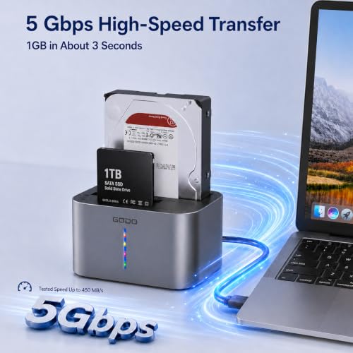 GODO 2.5/3.5" SATA Dual-Bay HDD Dock, USB 3.0 Hub, Clone, 20TBx2 Aluminum