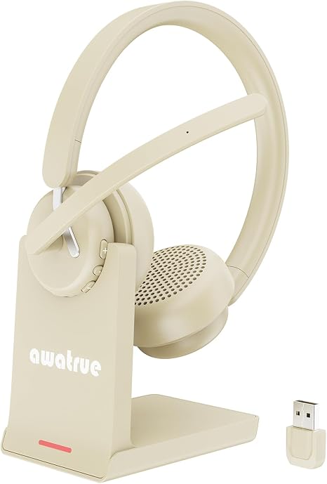 awatrue Wireless Headset with Mic for Work, Bluetooth Headphone with AI Noise Cancelling Mic for Clear Calls, Bluetooth 5.3 & 2.4G Dongle, Computer Headset for Call Center/PC/Zoom(Apricot)