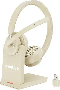 awatrue Wireless Headset with Mic for Work, Bluetooth Headphone with AI Noise Cancelling Mic for Clear Calls, Bluetooth 5.3 & 2.4G Dongle, Computer Headset for Call Center/PC/Zoom(Apricot)