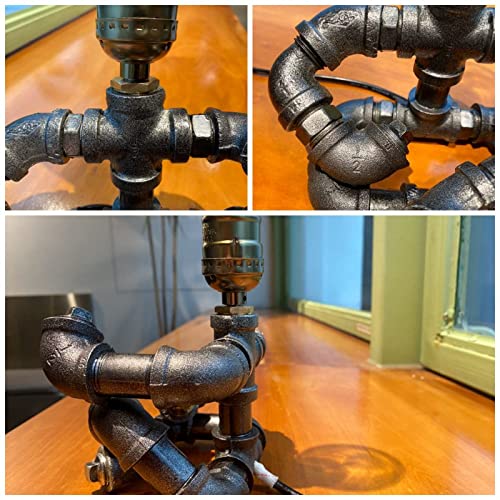 Steampunk Guitar Pipe Robot Table Lamp, Adjustable Industrial Water Pipe Desk Lamp with Wooden Guitar & Edison Bulb,Music Lovers, Bedside, Bar Cafe - Cool Unique Gifts