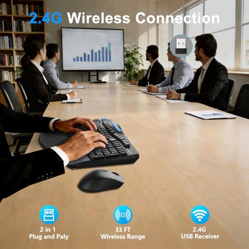 Wireless Keyboard and Mouse Combo, 2.4G Ergonomic Wave Keys(Blue Black) - Image 5
