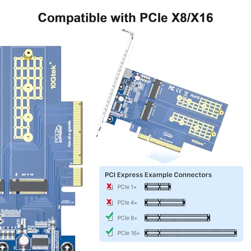 10Gtek Dual M.2 NVMe SSD Adapter Card - PCIe 3.0 x8 Slot (M-Key), Supports 2X NVMe Drives via Bifurcation | Requires BIOS Split Support | High-Speed Storage Expansion for Desktop PCs