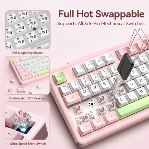 AUSDOM H98 Pink Creamy Mechanical Keyboard, 96% Silent Quiet Wireless Keyboard with Number Pad, Hot Swappable Gaming Keyboard 2.4G/BT/USB-C with RGB Backlit, 8000mAh Battery, 98 Keys for Mac/Win - Image 7