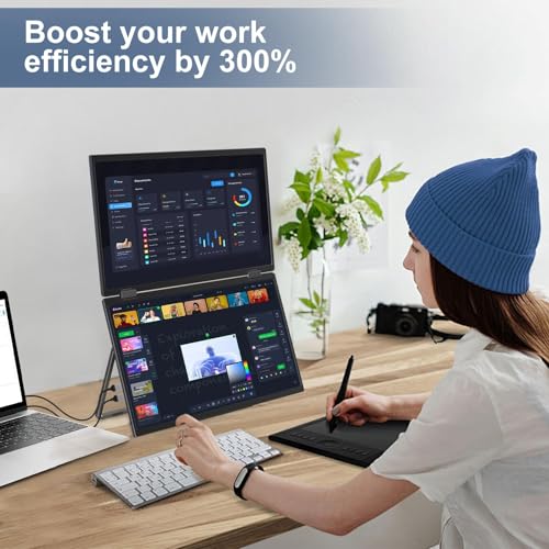 InnoView Dual Portable Monitor 15.6" 1920x1080 Dual Stacked Foldable Monitor | 315° Screen Adjustment | USB-C/HDMI Dual Screen Monitor for Laptop, Mac, Windows