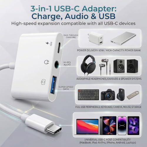 USB C to 3.5mm Audio Adapter with 60W PD Fast Charging Port, 3-in-1 Aux to Type C Multi-Function Adapter, USB C to USB Adapter Compatible with iPhone 17/16/15, iPad Pro, MacBook, Galaxy S26 & More