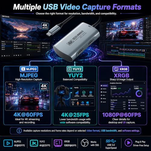 Guermok 4K@60FPS Capture Card for Streaming, 2K@120FPS USB3.0 HDMI Capture