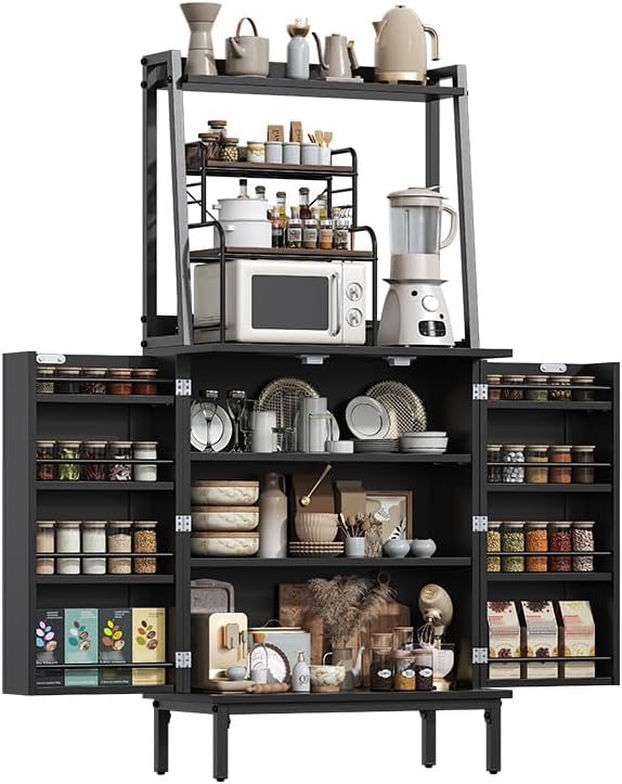 51” Pantry Cabinets with Microwave Shelves, Small Kitchen Pantry Storage Cabinet with Adjustable Shelves, Freestanding Buffet Cupboards Sideboard for Kitchen, Dining Room, Living Room Use (Black)