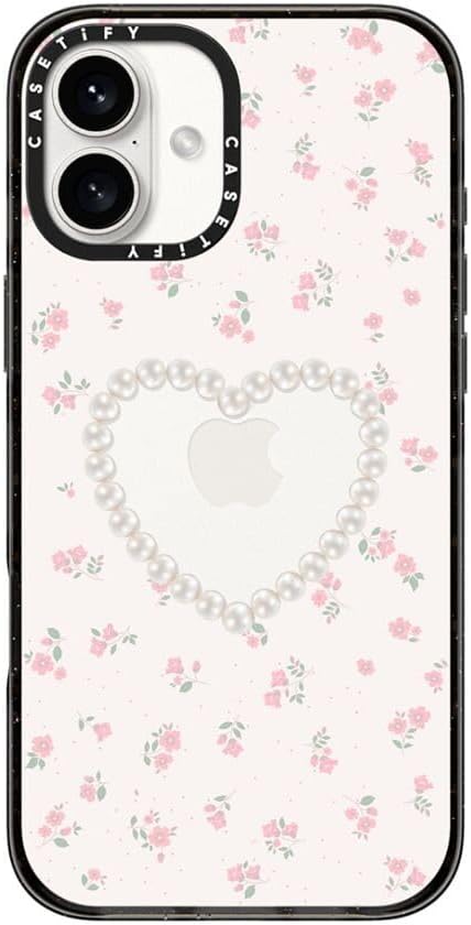 CASETiFY Impact Case for iPhone 16 Plus [Slim / 8.2 ft. 4X Military Grade Drop Protection/Wireless Charging Compatible] - Pearly Heart - Clear Black