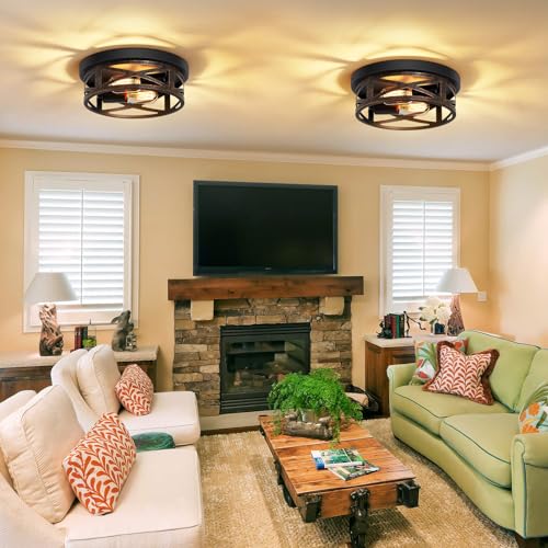 ZHU YAN 2 Pack Flush Mount Ceiling Light,Farmhouse Hallway Lighting Fixtures,Industrial Light Fixtures Ceiling Mount for Kitchen,Entryway,Bedroom,E26 Base