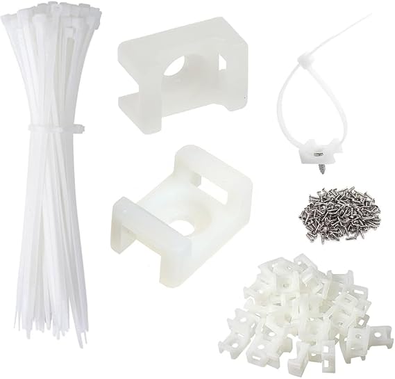 Cable Zip Tie Mounts Kit - 60 Set Wire Cable Clips Organizer Holders with 8" Cable Ties, Saddle Type Mounts Base and Tapping Screw