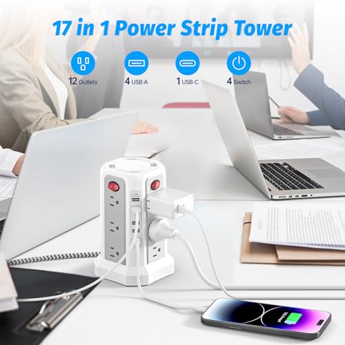 Power Strip Tower Surge Protector with PD20W USB C, 6FT Desktop Extension Cord Charging Station with 12 AC Multiple Outlets 5 USB Ports, Charger Tower Multiple Protections for Home Office Supplies