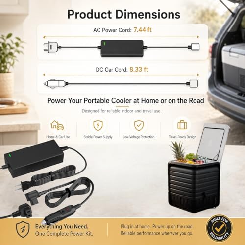 AC/DC Car Refrigerator Power Cord Kit, 14.5V AC Adapter and 12V/24V DC Cigarette Lighter Plug Compatible with Alpicool Bodega Euhomy BougeRV ICECO Setpower ARB Portable Fridge Freezer