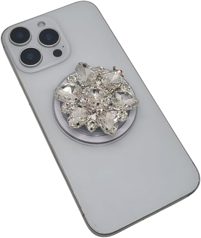 Magnetic Phone Grip Stand, Compatible with MagSafe, Adhesive Metal Ring Included for Non-MagSafe Cases, Expanding Holder and Kickstand, Pearl and Crystal Design (Radiant Crystal Bloom)