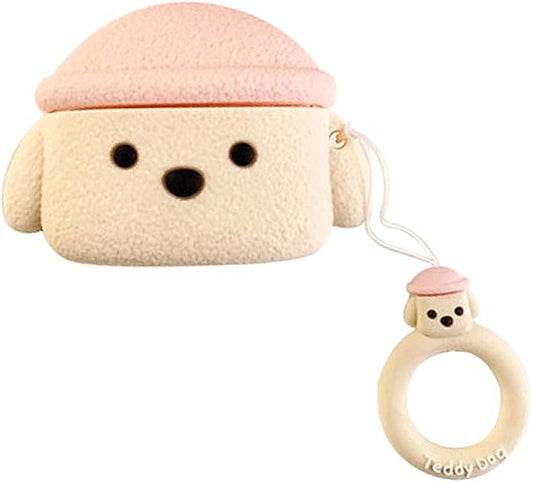 Earphone Case Compatible with AirPods Pro/Pro 2, Super Cute Creative Pet Hat Teddy Dog Earbud Case, Puppy Style Soft Silicone Earphone Protection Skin +Ring Hook -Pink
