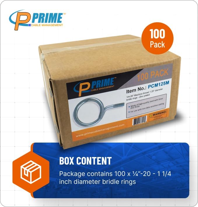 Heavy Duty Bridle Rings 100 Pack – 1-1/4 Inch Diameter, 1/4"-20 Thread | Threaded Cable & Wire Support Hangers for Electrical and Low Voltage Cable Management (Zinc-Plated Steel)