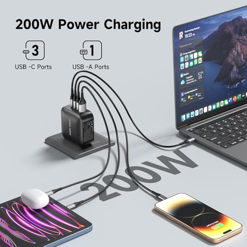 200W GaN Wall Charger | 4-Port Fast Charging Station (3xUSB-C PD3.0 + USB-A QC3.0) | Compact Power Adapter for MacBook Pro 16" M3/iPhone 17 Pro Max/Samsung S25 Ultra | UL Certified - Image 3