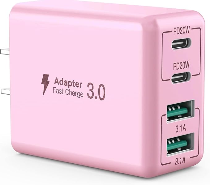 sccvee USB C Wall Charger, 40W 4-Port USB C Charger Block, Fast Charging Block Dual Port PD+QC Wall Plug Multiport Type C Compatible with iPhone 14/13/12/11/Pro Max/XS/XR/8/7, Tablet(Pink)