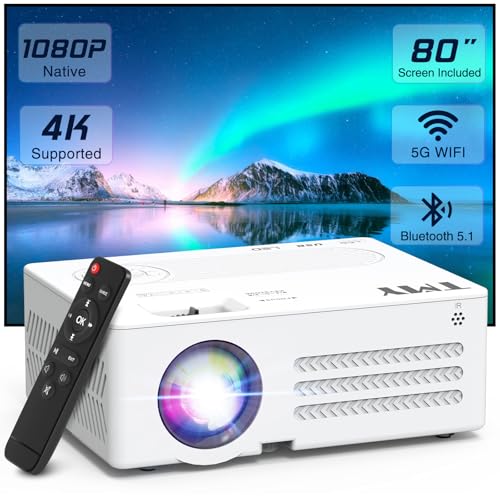 TMY Native 1080P Projector with WiFi and Bluetooth, with 80in Screen