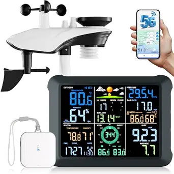 Sainlogic 5G/2.4G WiFi Smart Weather Station with 24/7 AI Weather Forecast, Wireless Indoor Outdoor Weather Station with Extra Sensor, Rain Gauge, Wind Speed, UV, App Alerts, Weather Underground