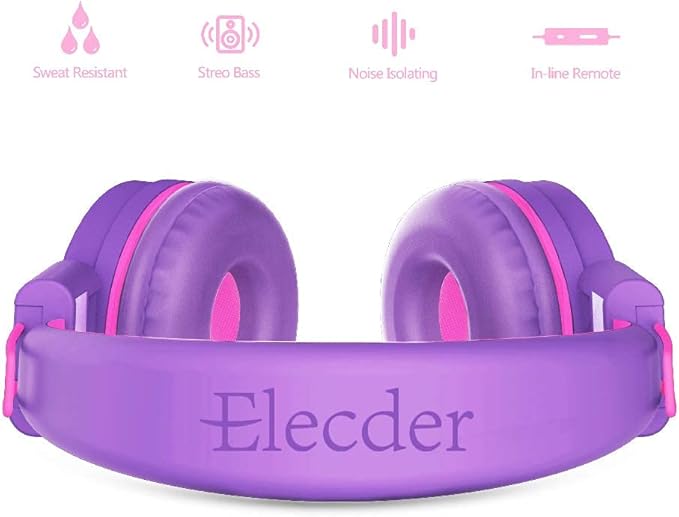 ELECDER i37 Kids Headphones for School Travel, On Ear Headphones Wired with Foldable Corded Stereo Sound 3.5mm Headset for Kid Children Teens Boys Girls Smartphones Computer Kindle Tablet, Purple