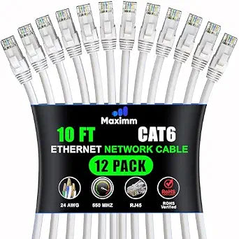 Maximm Cat6 Ethernet Cable 10 Ft, 10 Gbps 550 MHz, White, 12 Pack