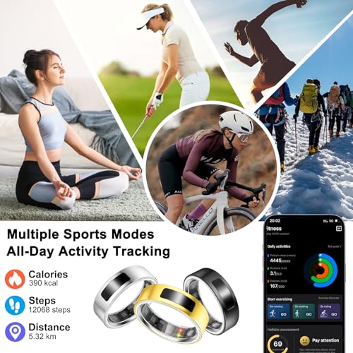uaue Smart Health Ring for Women Men, Vibration Alert, Touch Control, Fitness Tracker Ring with Sleep/Women's Health/Heart Rate/Steps, IP68 Waterproof for iPhone and Android, Silver 10,No Subscription
