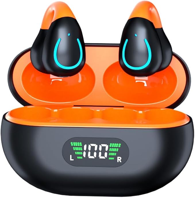 Open-Ear Wireless Headphones Bluetooth Clip On Mini Earbuds Charging Case Ear Buds Sports Bone Conduction Earphones for Workout Driving Walking (Orange)