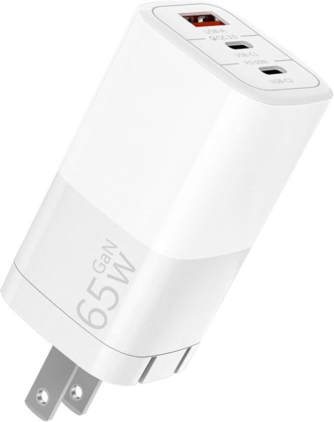 65W GaN Fast Charger, 3-Port USB C PD Power Adapter (2×USB-C + 1×USB-A) – Compact & Foldable for MacBook Pro/Air, iPhone 16, iPad, Galaxy S25, Dell XPS – Travel-Friendly & Overheating Protection