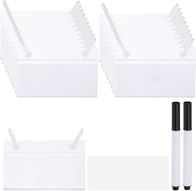 PATIKIL 3.5" x 2.2" Basket Labels Holders, 20 Pack Reusable Plastic Wire Shelf Label Holder Tag Display Clip with Button Lock with Paper Inserts Pens for Home Market Store, Clear
