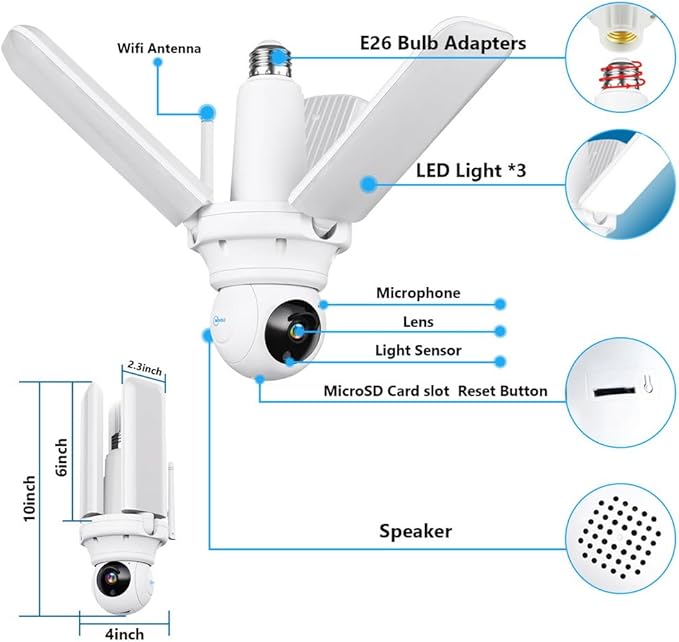 Wireless Security Camera Light Works with Alexa,Super Bright 30W 3000Lumens Garage Light with Wired Socket and 64g TFcard, WiFi 360 PTZ Smart AI Human Detection Cam,Two-Way Audio,Color Night Vision