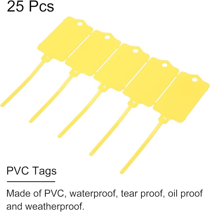 MECCANIXITY Plastic Tags, 1.5x2.5 Inch Yellow, 25 Packs - Product Identification, Shipping, Material Labels - Indoor/Outdoor Use